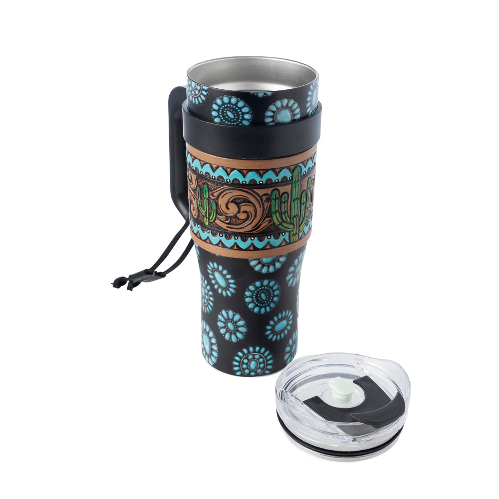 Myra Concho Crest Western Tooled Tumbler in Black Stainless Steel with Leather Wrap and Handle