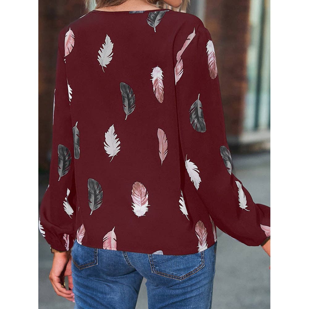 Women's Feather Print V-Neck Long Sleeve Blouse