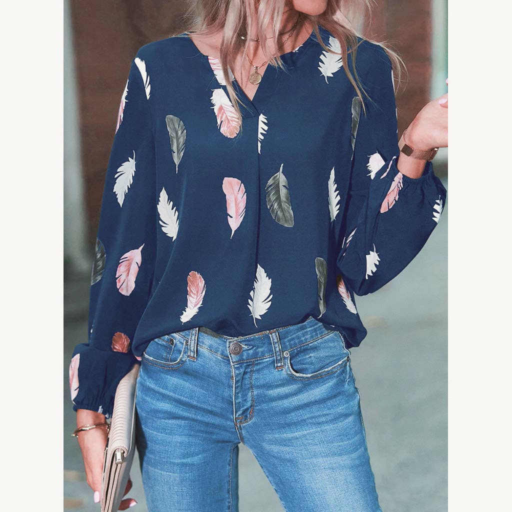 Women's Feather Print V-Neck Long Sleeve Blouse