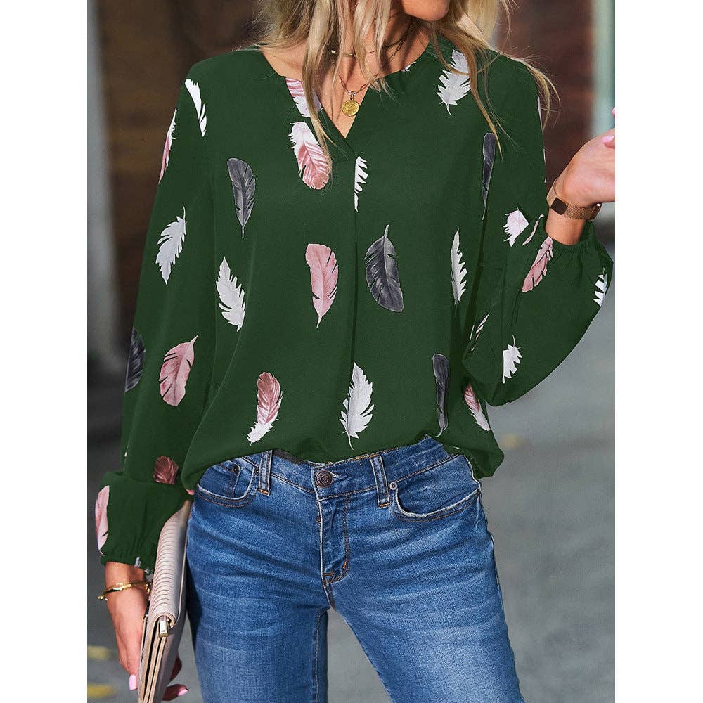 Women's Feather Print V-Neck Long Sleeve Blouse