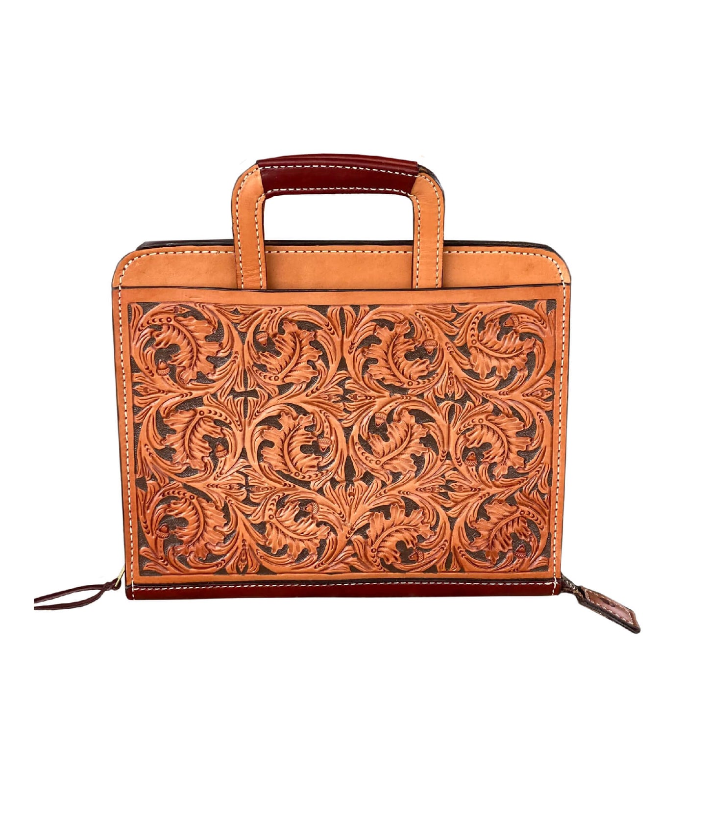 Cowboy Briefcase golden and toast leather oak leaf tooling with background paint