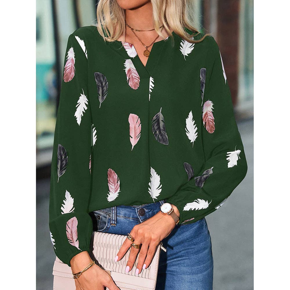 Women's Feather Print V-Neck Long Sleeve Blouse
