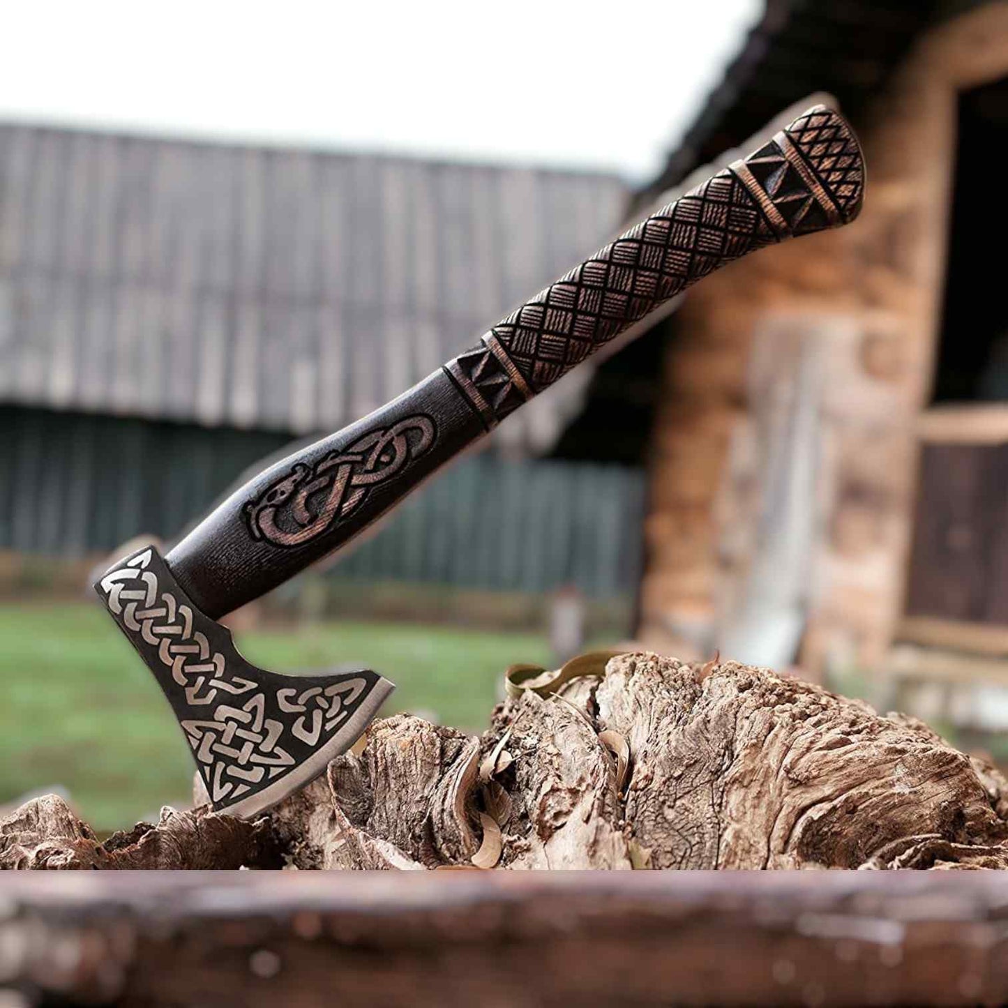 Celtic Knotwork Viking Axe – Hand-Forged Bearded Battle Axe with Carved Handle