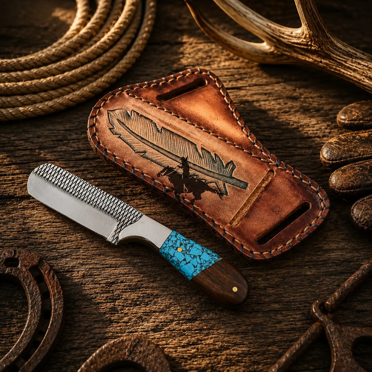 Horse Riding Bull Cutter Knife – 4" Forged Rasp Steel with Turquoise & Rosewood Handle