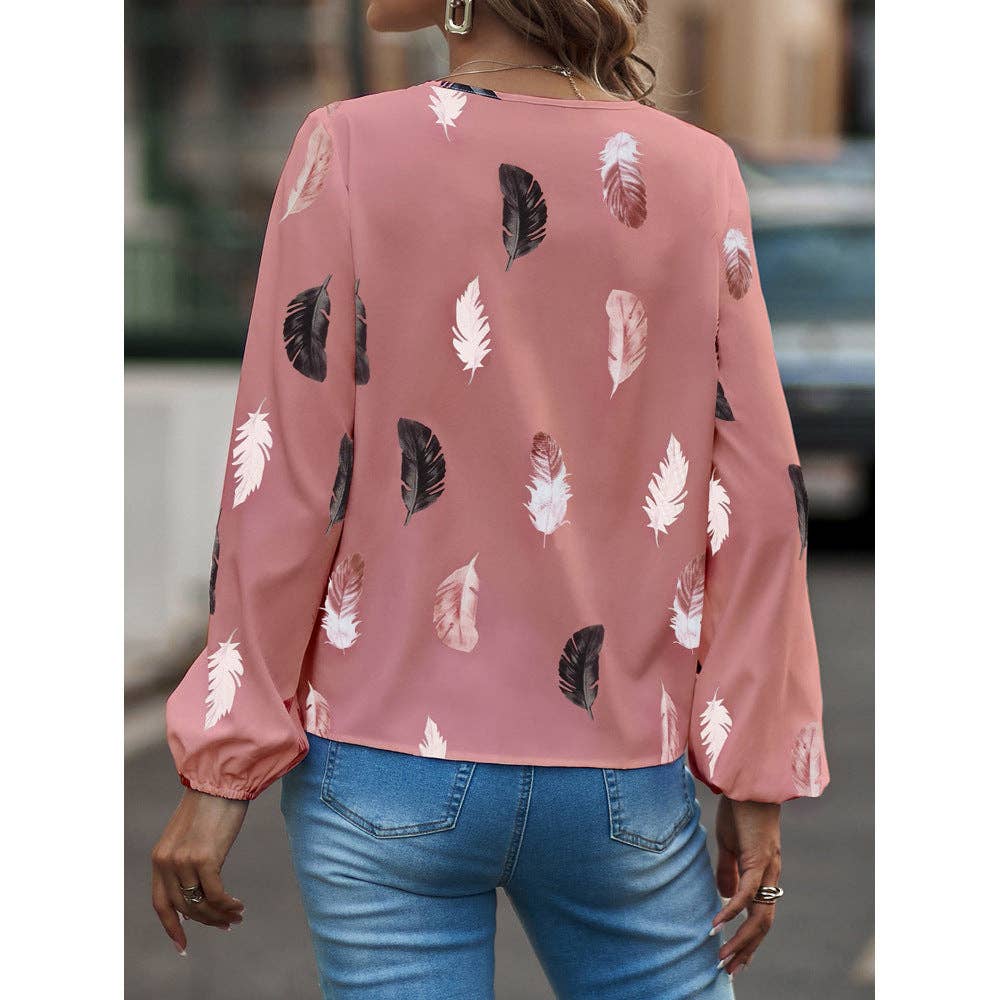 Women's Feather Print V-Neck Long Sleeve Blouse