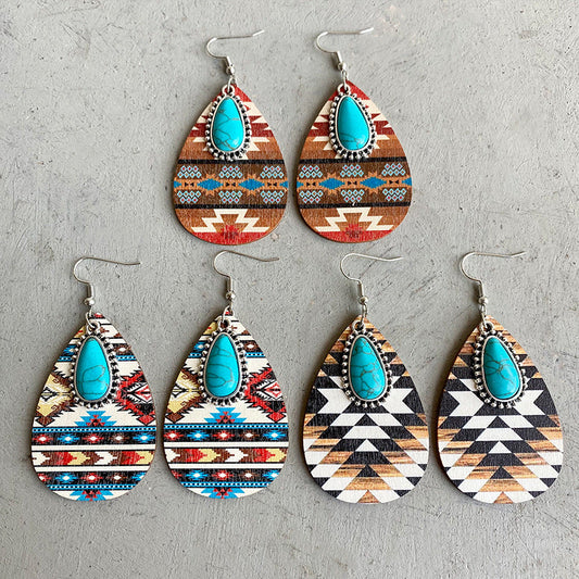 Turquoise Teardrop Shape Wooden Dangle Earrings - 3 Styles