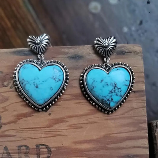 Turquoise Alloy Heart Dangle Earrings - 2 Styles