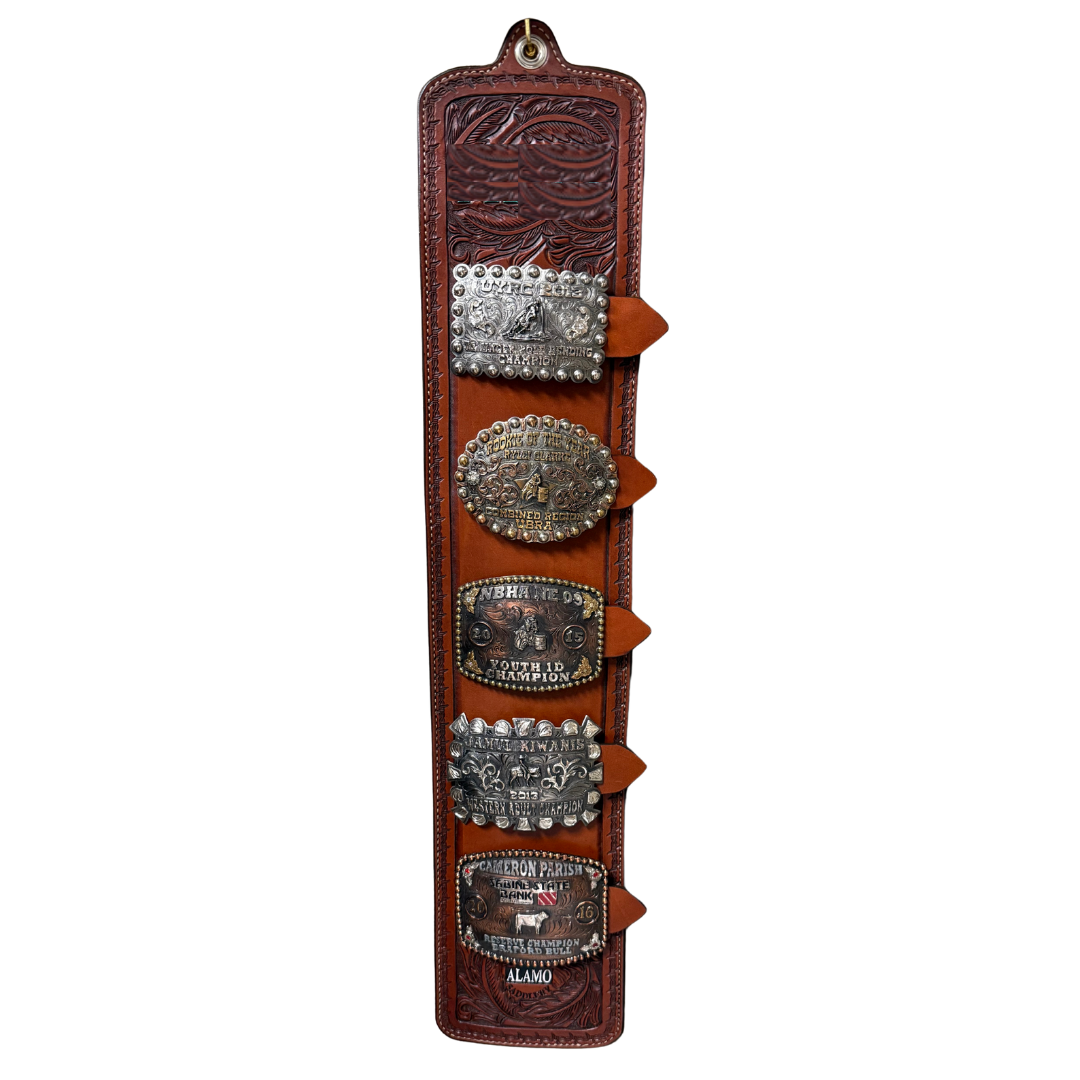 Buckle Holder in Golden leather w/ Cowboy feather tooling