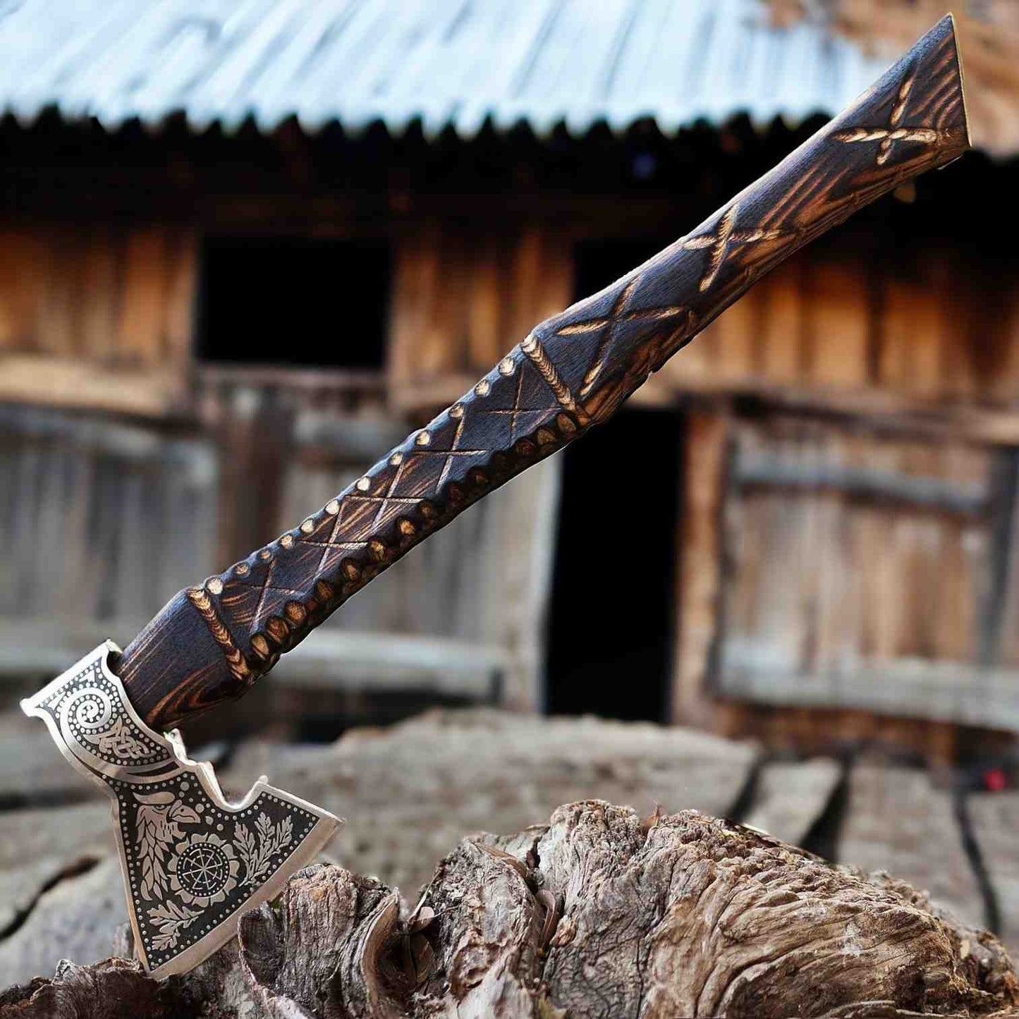 Raven & Sunwheel Viking Axe – Hand-Forged 1075 Steel Bearded Axe, Ash Handle