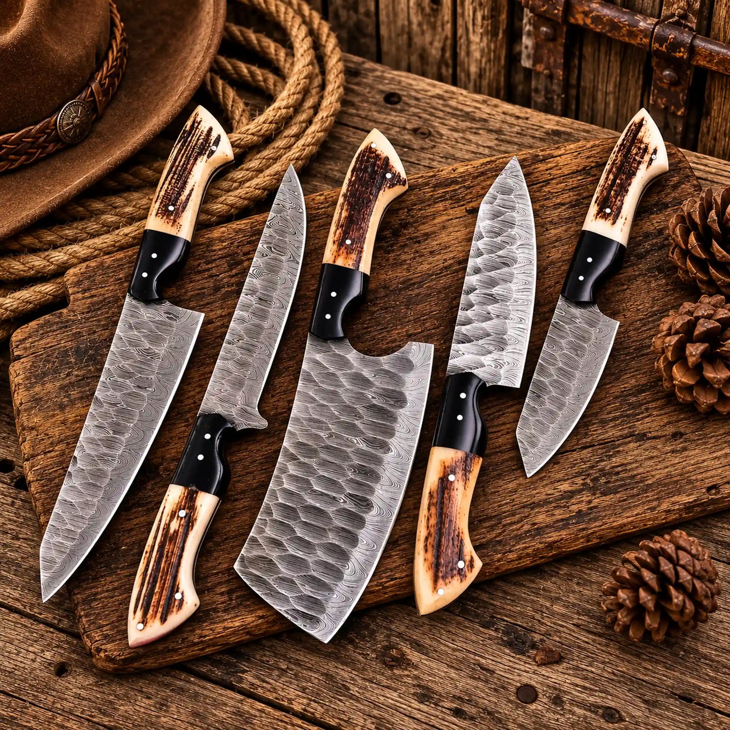 Handcrafted 5-Piece Damascus Chef Knife Set – Stag Horn Handles