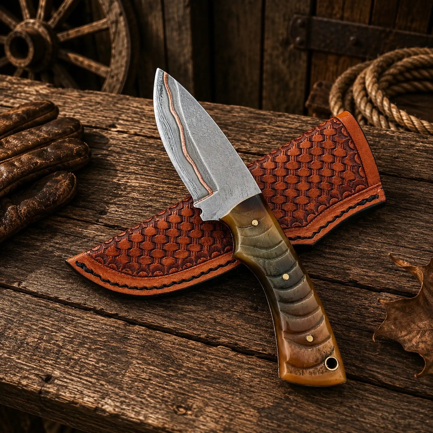 Copper Damascus Hunting Knife – Ram Horn Handle Ranch Belt Carry