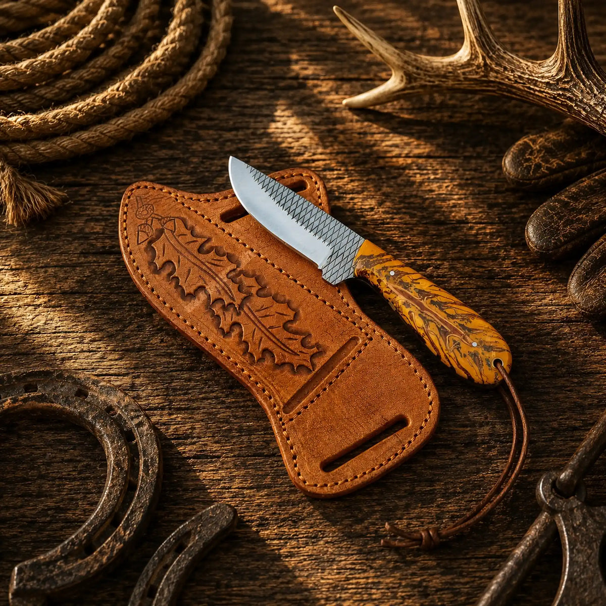 Hanging Horse Buckaroo Knife – 3.75” Rasp Steel, Pine Cone Handle