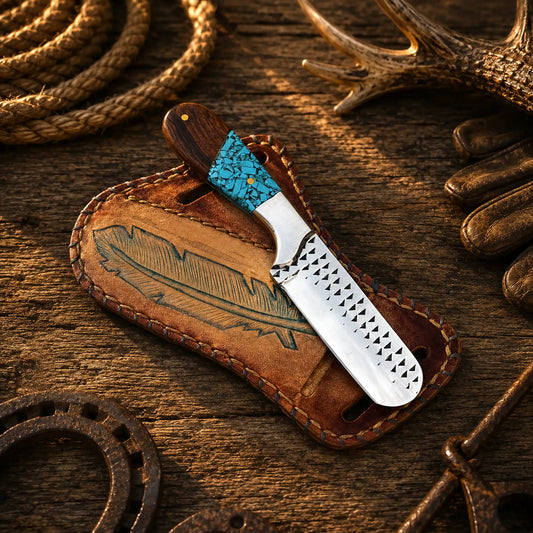 Horse Riding Bull Cutter Knife – 4" Forged Rasp Steel with Turquoise & Rosewood Handle
