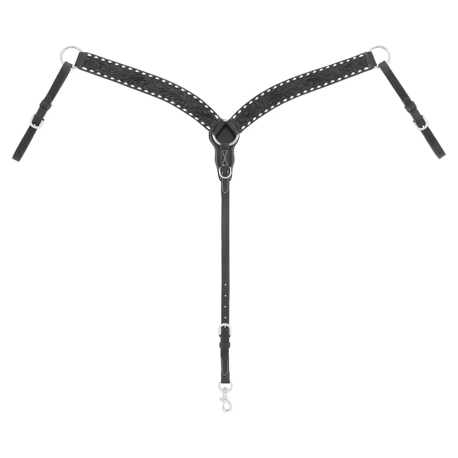 Black Leather Floral Buckstitch Contoured Breast Collar