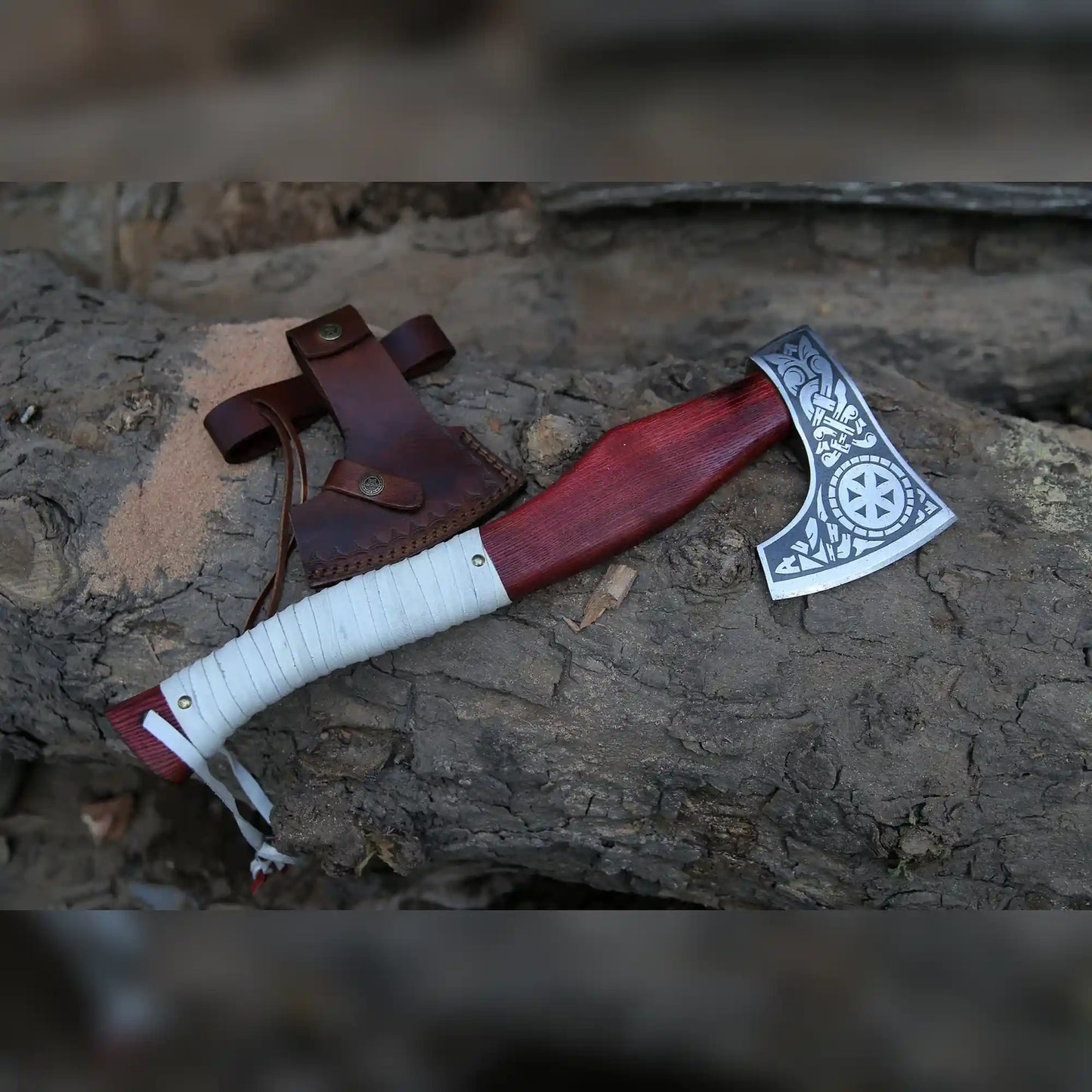 Kolovrat Sunwheel Viking Axe – Hand-Forged Bearded Hatchet, Leather-Wrapped Handle