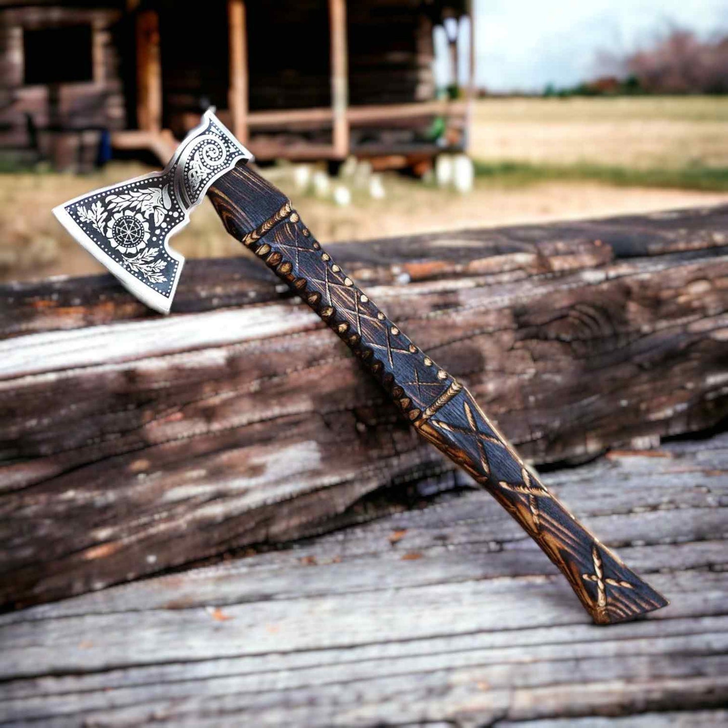 Raven & Sunwheel Viking Axe – Hand-Forged 1075 Steel Bearded Axe, Ash Handle