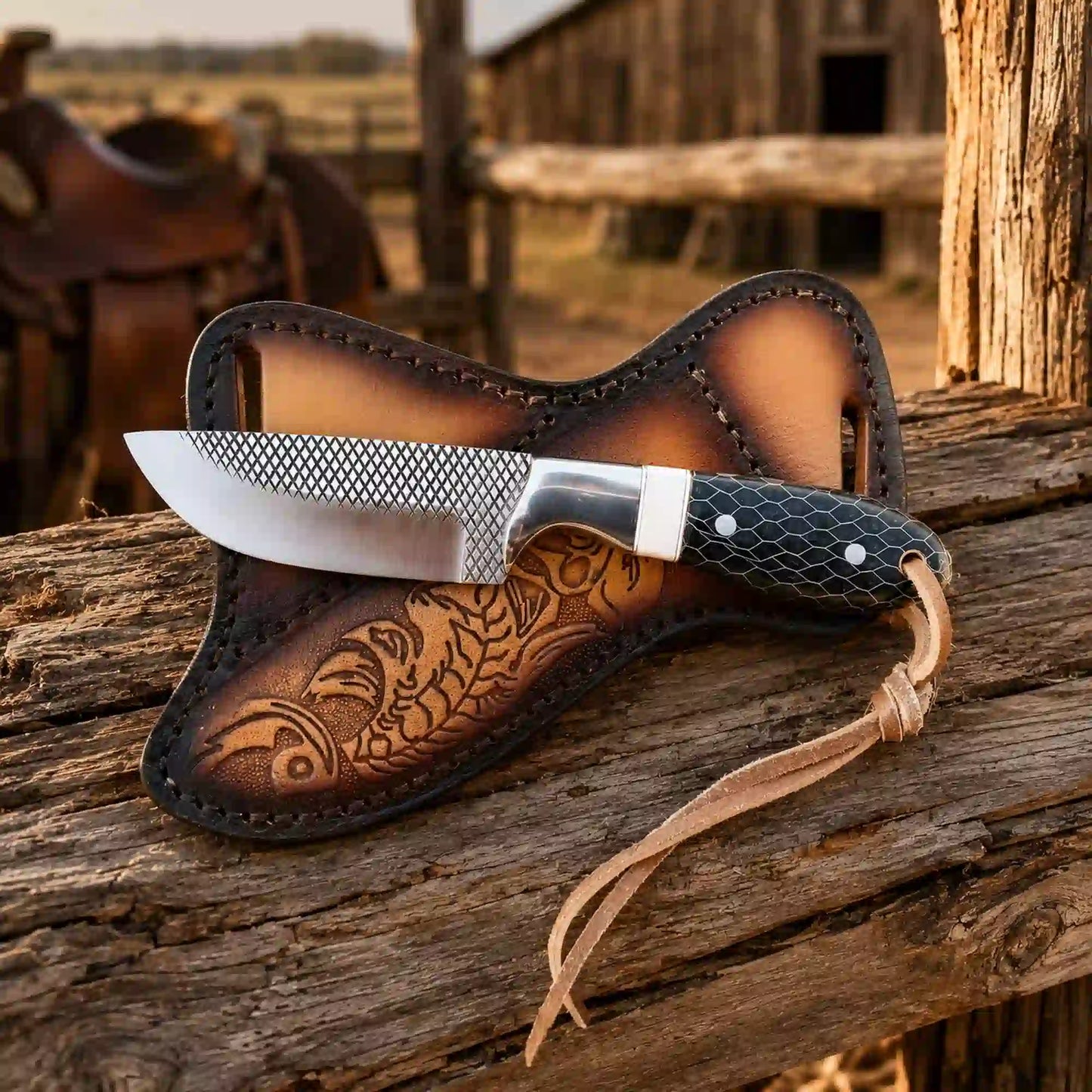 Buckaroo Knife | Camel Bone and Honeycomb with Crossdraw Sheath