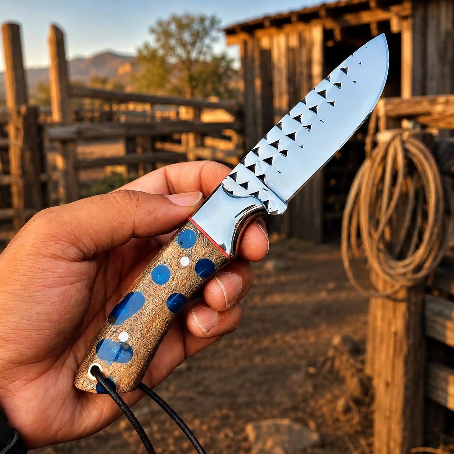 Buckaroo Knife | Rasp Steel with Cholla Cactus and Turquoise Handle