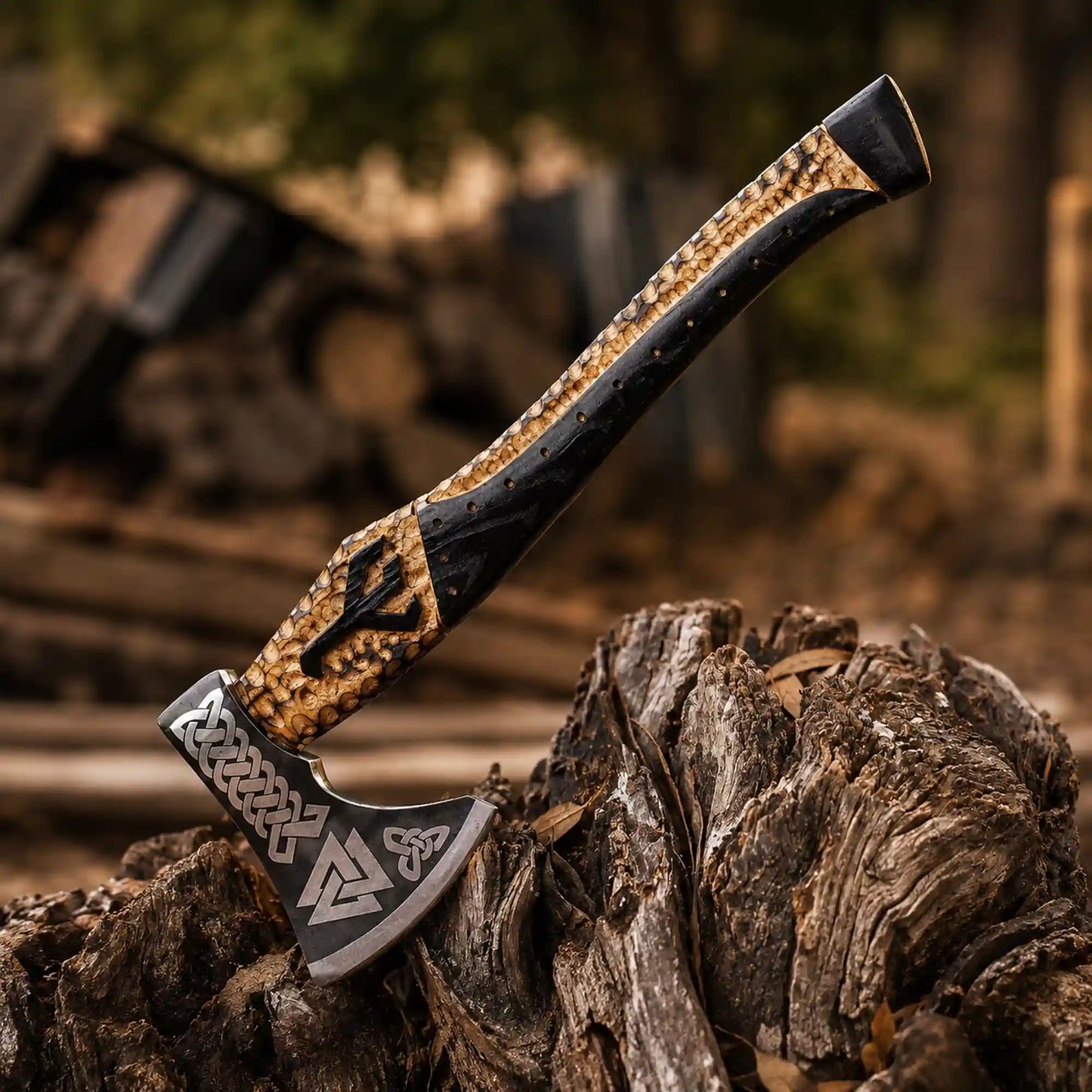 Valknut Viking Axe – Hand-Forged 1075 Steel Bearded Axe, Carved Ash Handle