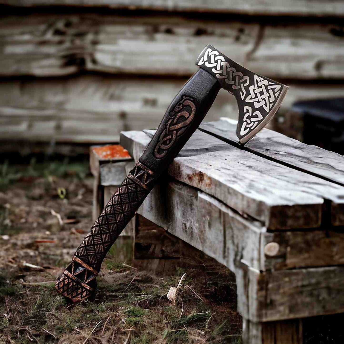 Celtic Knotwork Viking Axe – Hand-Forged Bearded Battle Axe with Carved Handle
