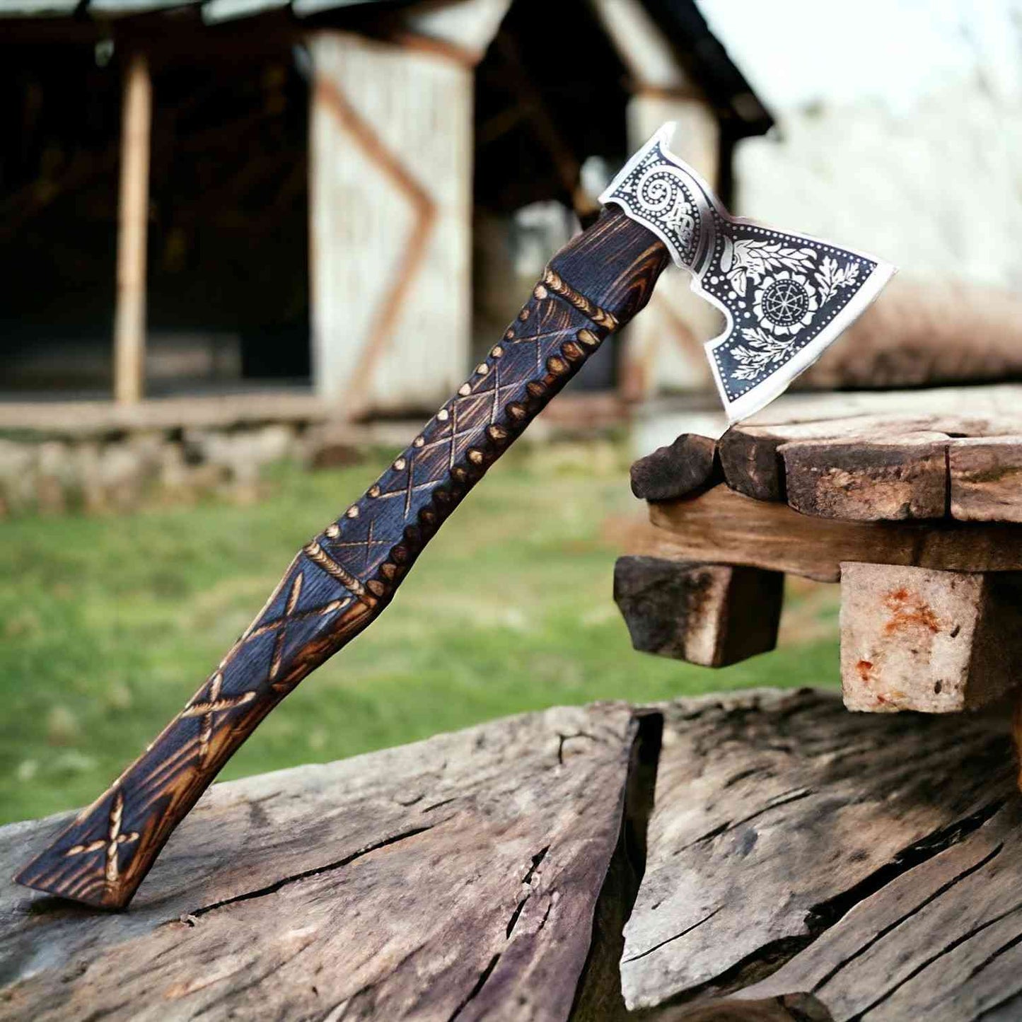 Raven & Sunwheel Viking Axe – Hand-Forged 1075 Steel Bearded Axe, Ash Handle