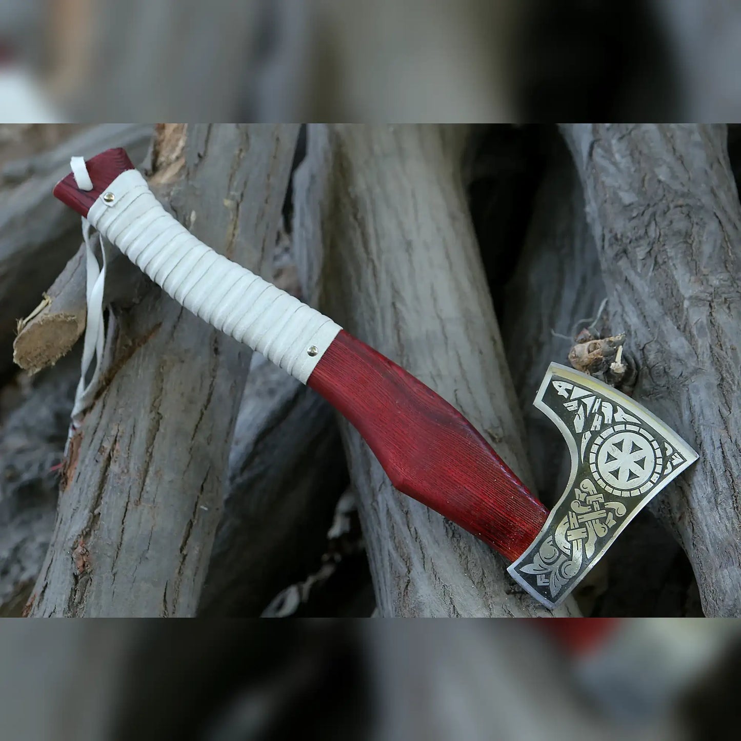 Kolovrat Sunwheel Viking Axe – Hand-Forged Bearded Hatchet, Leather-Wrapped Handle
