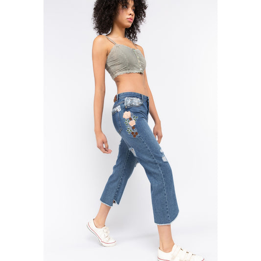 POL Embroidered and Sequined Capri Jeans