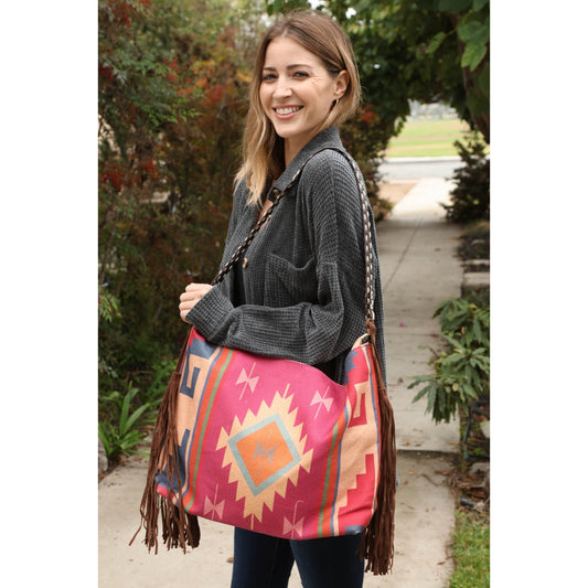 Aztec Western Tassel Crossbody Bag - Magenta