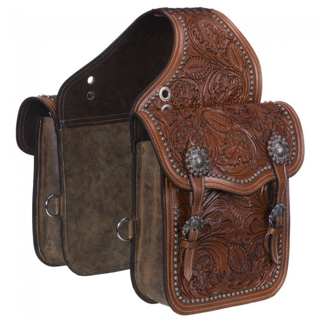 Leather Floral and Oak Leaf Tooled Saddle Bag