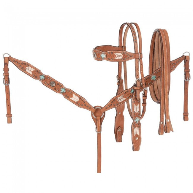 Wide Brow Headstall, Breast collar, and Rein Set w/ Turquoise Cross