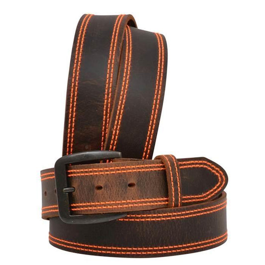 Men's Brown Leather Belt with Orange Stitching by 3D